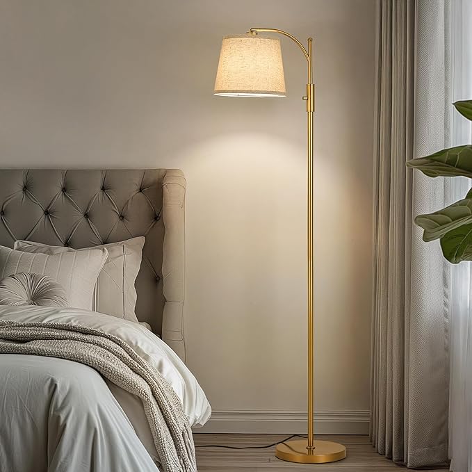 AIDENOEY Fully Dimmable Floor Lamp for Living Room，Standing Lamp Rotary Switch with Linen Beige Shade，Golden Tall Lamps for Bedroom with Adjust Head，9W LED Bulb Included - Bloomnest