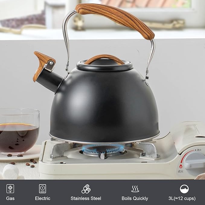 3.2 Quart Whistling Tea Kettle for Stove Top Stainless Steel Tea Pots With Wood Pattern Anti-slip Handle, Black… - Bloomnest