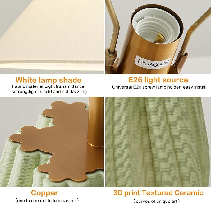 Modern E26 Ceramic Table Lamps 20.5", Sage Green Plug in Table Lamp Funky Decor for Living Room Desk End Bedroom Bedside Room Office - Bloomnest
