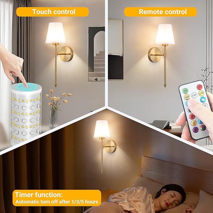 Battery Operated Wall Sconce: Peel and Stick Adhesives Stick On Non Drill Wall Light, Rechargeable Wireless Wall Lamp with Battery Corn Bulb for Bedroom Wall Decor (Gold,20inch) - Bloomnest