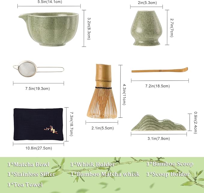 Matcha Whisk Set, 7-Pack Mottled Green Matcha Set - Include Petal Matcha Bowl with Spout, Bamboo Whisk, Chasen Holder, Sifter, Scoop, Tea Towel, Scoop Rest - Perfect Matcha Making Kit for Tea Lover - Bloomnest