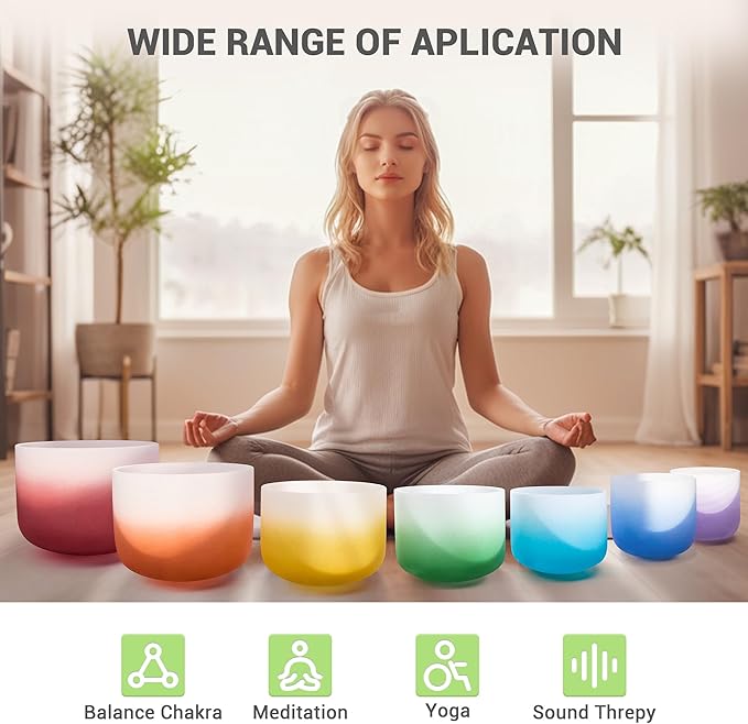 432Hz 6-12 Inch Set of 7 Quartz Crystal Singing Bowls with Gradient Colored Design, 2 Travel Carry Case Bags and Resonance Striker for Meditation and Sound Therapy - Bloomnest
