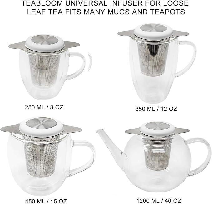 Teabloom Universal Loose Tea Infuser with Dual-Purpose Lid/Dish – Fits Cups, Mugs, Teapots – Tea Connoisseur's Choice – Steep Tea or Coffee