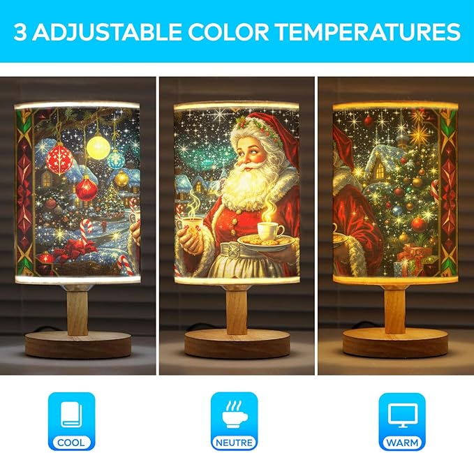 Mrs. Claus Table Lamp LED 3-Color Pressed Bedside for Merry Christmas, Mrs. Claus Shade Christmas Table Lamp with Wood Base for Bedroom Living Room Desk Office - Bloomnest