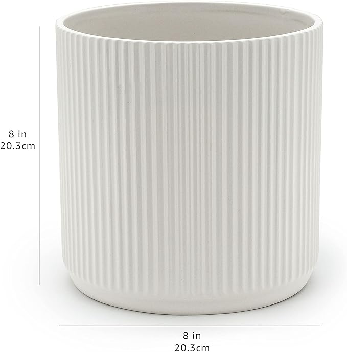 Amazon Basics Fluted Ceramic Round Planter, 8-inch, White - Bloomnest