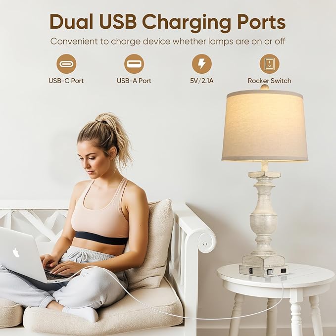 Farmhouse Table Lamp Set of 2, 28'' Bedside Lamps with USB A+C Port, Traditional Nightstand Lamps for Room, Vintage Table Lamp, Desk Lamp for Bedroom, Beige Lampshade, Rocker Switch, Bulb Included - Bloomnest