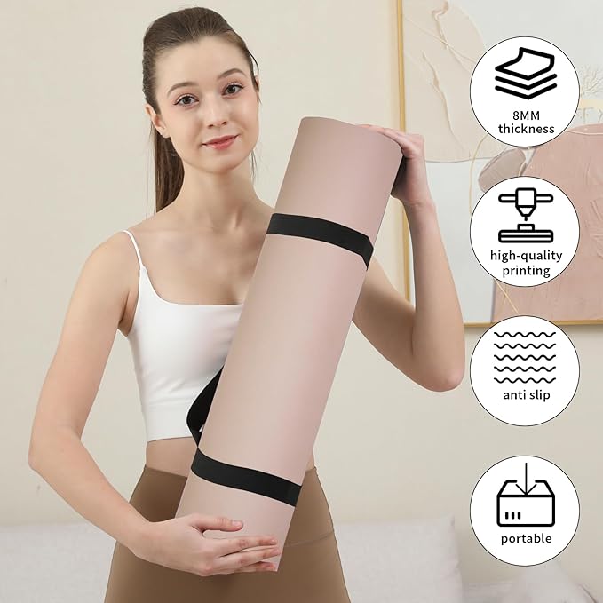 HAHE Yoga Mat Thick (8MM,1/3"), Eco-Friendly POE Non Slip Yoga Mat, High Rebound & Shock Absorption, Anti-Tear & Sweat-Resistant for Yoga, Fitness, Home, Workouts, Large Pilates Mats 72"x24" with Carrying Strap - Bloomnest