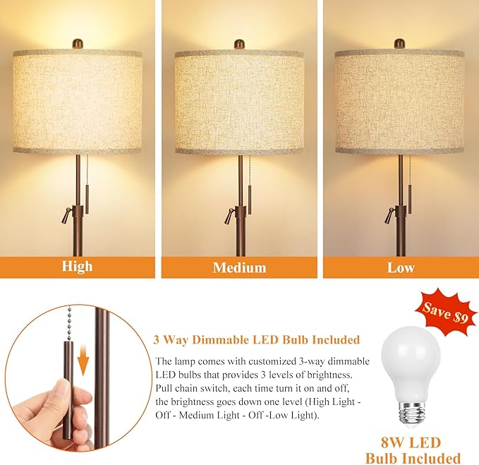 Metal Brown Floor Lamp for Living Room, Adjustable Height Standing Lamp, Pole Light for Bedroom, with Linen Shade and Metal Base, Pull Chain Switch, 3-Way 8W LED Bulb Included - Bloomnest