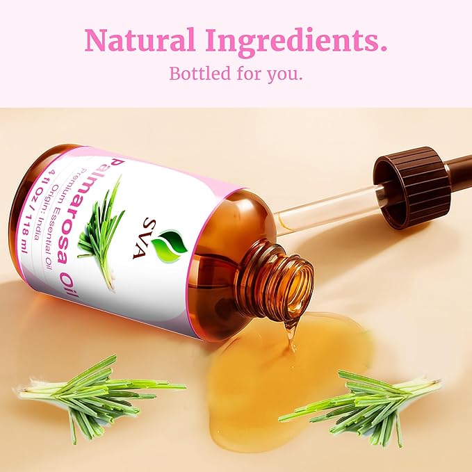 SVA Palmarosa Essential Oil – 4 Fl Oz – 100% Natural Palmarosa Oil - for Diffuser, Hair Care, Face, Skin Care, Aromatherapy, Scalp and Body Massage, Soap and Candle Making – with Dropper - Bloomnest