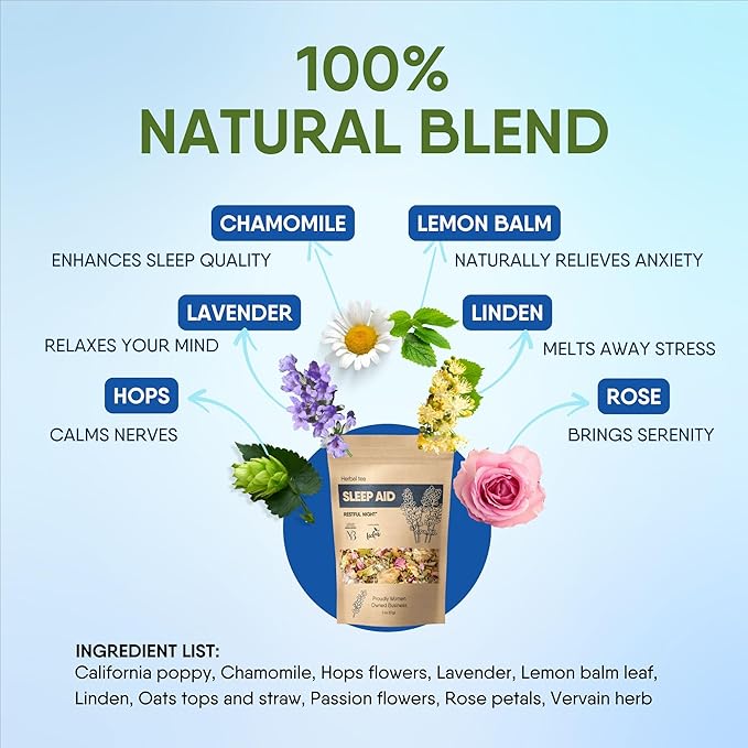 Sleep Aid Herbal Tea – Organic Calming Blend with Lemon Balm, Lavender, Linden, Chamomile, California Poppy, Passionflower, and Verbena – Supports Deep Sleep, Stress Relief and Relaxation - Bloomnest