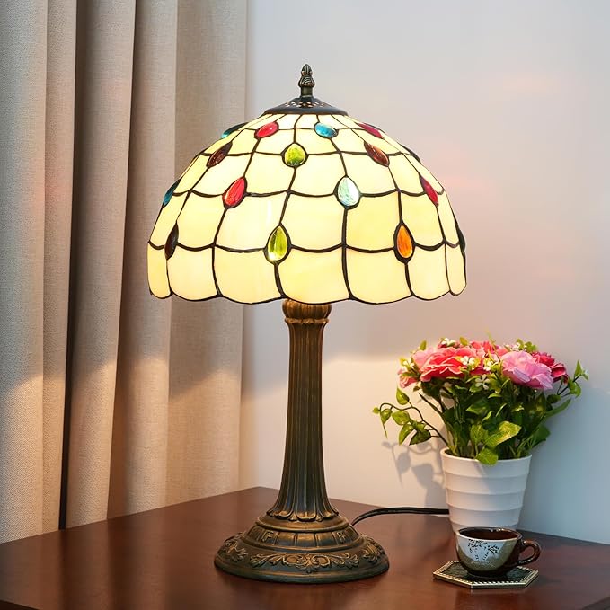 Tiffany Lamp Stained Glass lamp 12 inches Bedside Table Lamps for Living Room Bedroom Dorm Kitchen Home Decor Festival Birthday Gift,Colorful Beads - Bloomnest