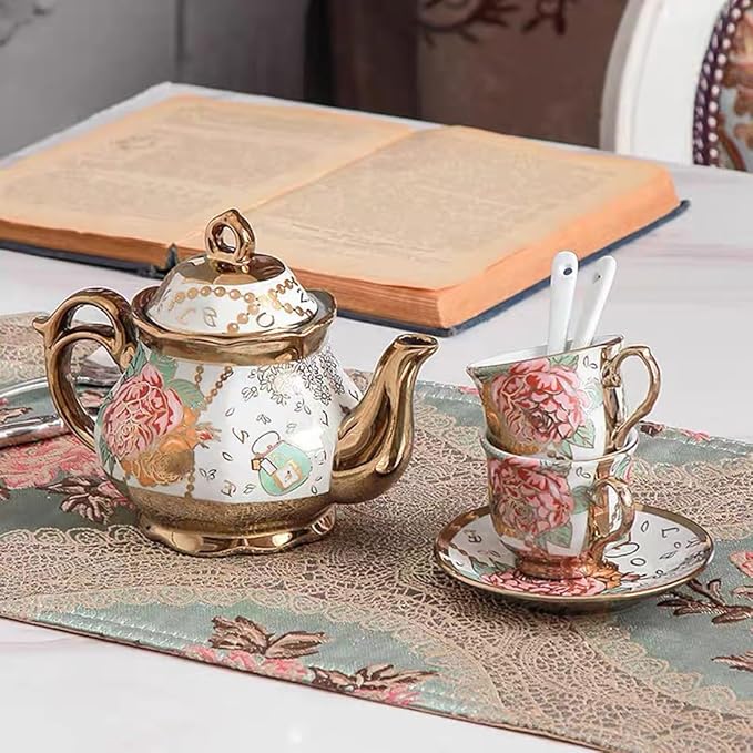 CHANJOON Gold Plated Red Rose Ceramic Tea Set, Vintage Teapot, Beautiful Tea Set Coffee Serving 6 People (Golden, large) - Bloomnest