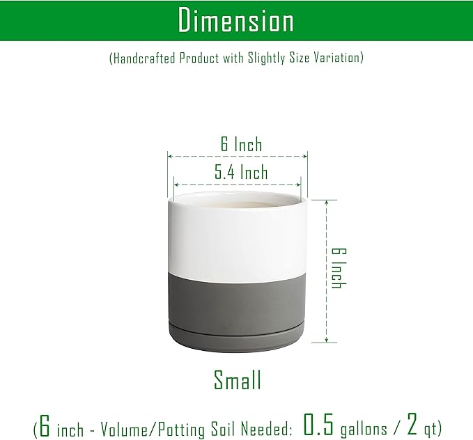 D'vine Dev Set of 2 Plants Pots, 6 Inch Ceramic Planter Pot for Plants with Drainage Hole and Saucer, White-Grey/Black-Tan, 94-V-C-C - Bloomnest