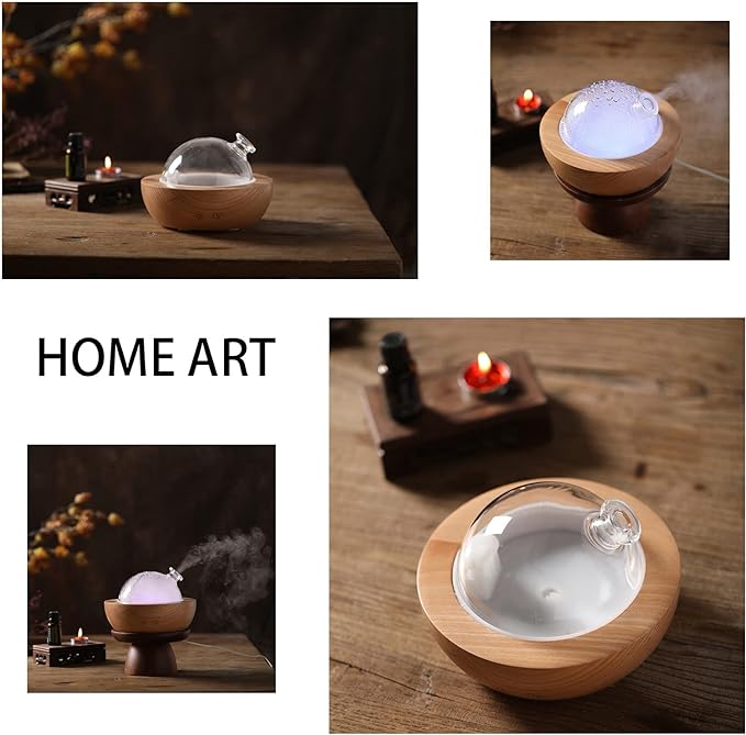 Glass Essential Oil Diffuser with Real Wood Base, 180ml Aromatherapy Diffuser with 2 Mist Modes, 7 Colors LED Light Ultrasonic Cool Mist Humidifier for Home and Office Bloomnest
