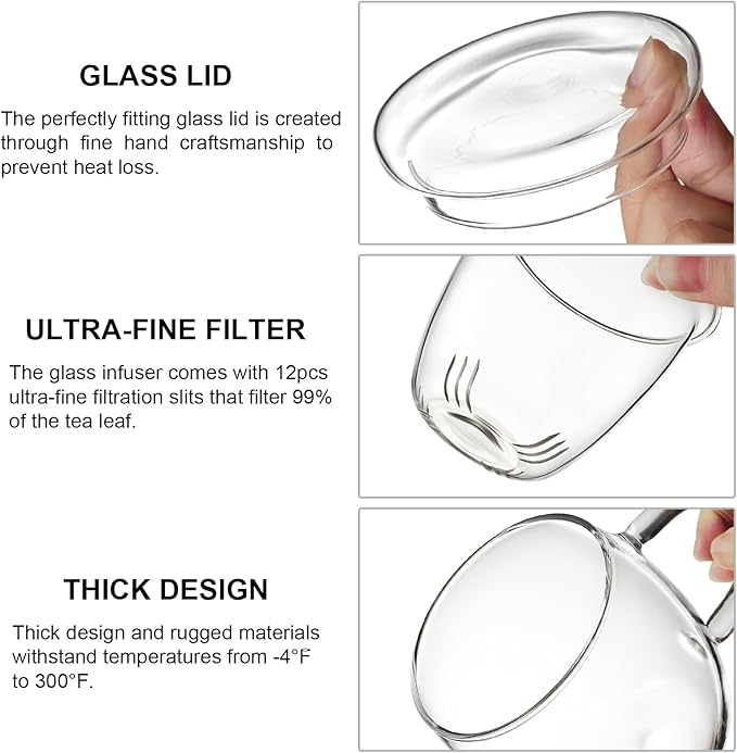 Lezero Glass Tea Cups with Infuser and Lid Kit, Heat Resistance Teacup with Filter for Brewing Blooming & Loose Leaf-Tea, Lead-free, Microwave & Dishwasher Safe, 17oz - Bloomnest