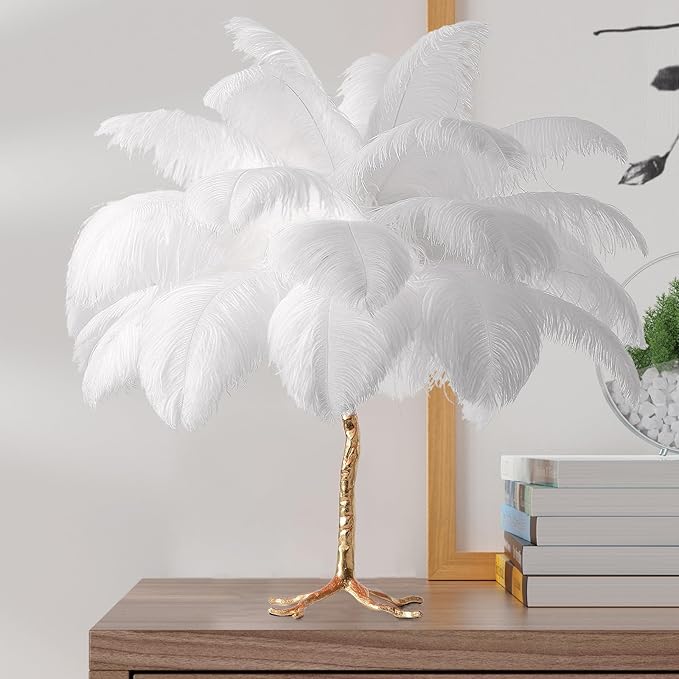 MAYOLA Modern Ostrich Feather Table Lamp with Plug in Wire,3-Light Bedside Floor Lamp for Living Room, Bedroom and Office 24” Tall Feather Desk Lamp (White, Table Lamp-Resin) - Bloomnest