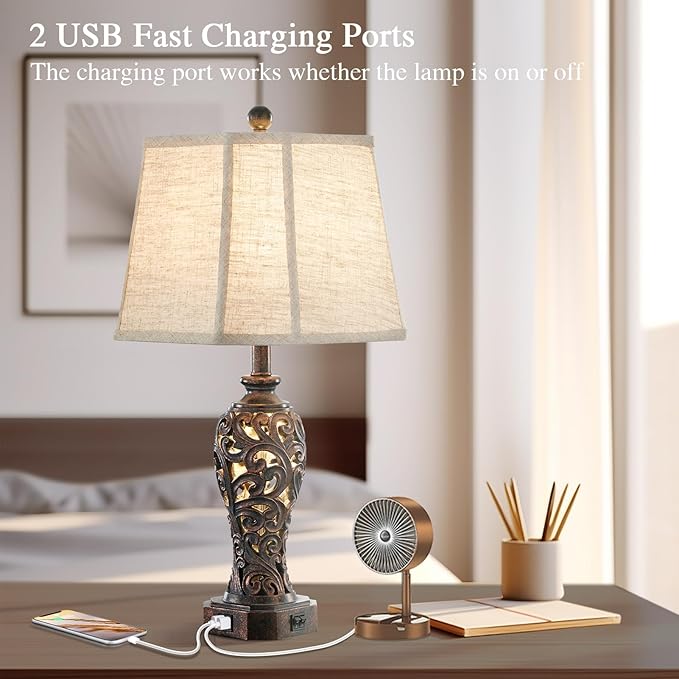 Set of 2 Farmhouse Table Lamps for Living Room, Rustic Vintage Nightstand Lamp with 2 USB Port, Bronze Resin Lamps for Bedroom End Table with Hollow Out Nightlight, 2 Bulbs Included - Bloomnest