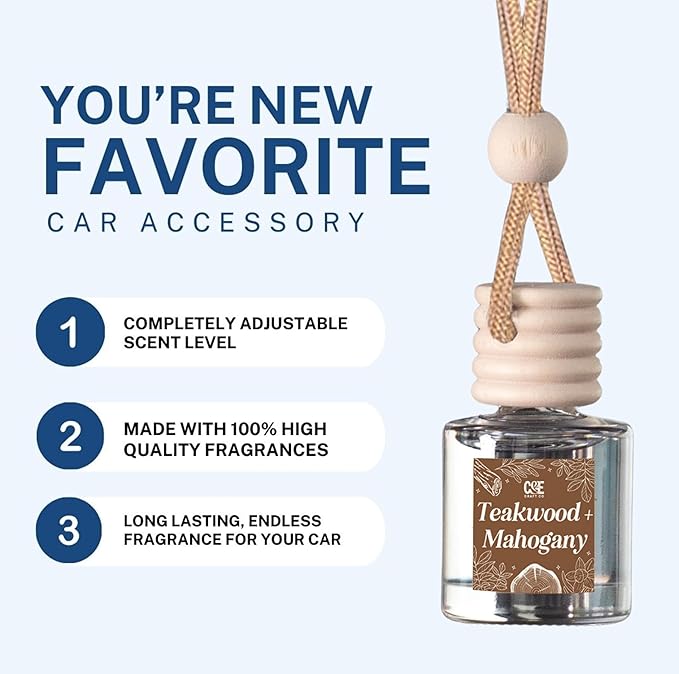 C&E Craft Co Hanging Car Air Freshener Diffuser 2 Pack, Long Lasting Fragrance Oil Car Freshener, Glass Bottle Auto Air Freshener, Made in USA (Teakwood + Mahogany) - Bloomnest