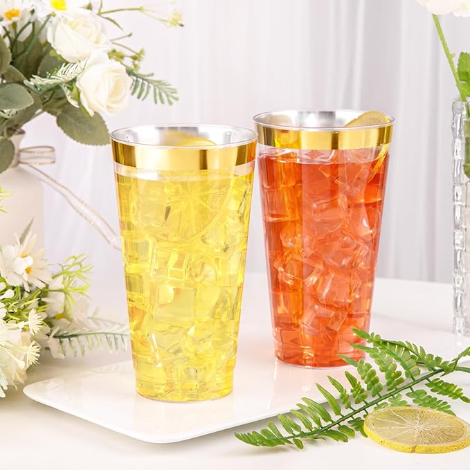 I00000 16 oz Gold Plastic Cups, 50 Pack Clear Plastic Cups Tumblers Gold Rimmed Disposable Cup, Heavy-duty Disposable Cup Perfect for Halloween, Thanksgiving and Christmas Parties - Bloomnest