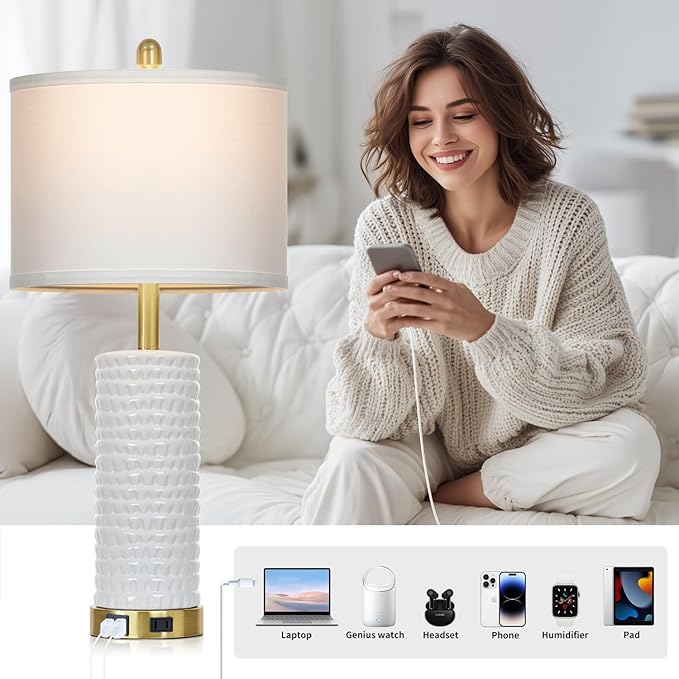 26" White Table Lamps for Living Room Set of 2, Ceramic Bedroom Lamps for Nightstands, Modern Bedside Lamps for Bedroom Living Room, Nightstand Lamps for End Table, Hallway, Gold and White - Bloomnest