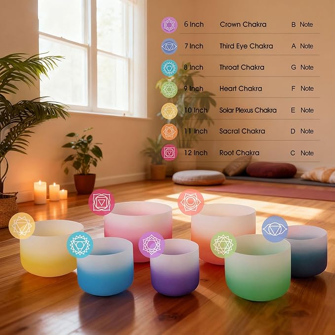 RYAN DVAN 432hz 6-12 Inch Set of 7 Pcs Gradient Design Quartz Crystal Singing Bowl Chakra Set Sound Therapy for Yoga, Reiki, Chakra Healing Energy Tuning & Mindfulness Kit - Bloomnest