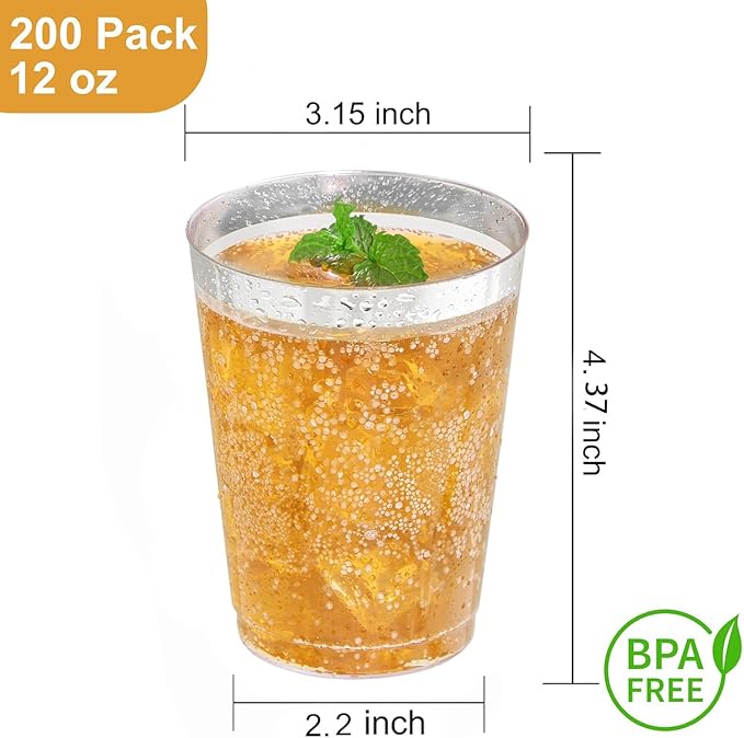 I00000 200 Pack 12 oz Silver Plastic Cups, Silver Rimmed Disposable Cups, Plastic Party Wine Glasses Cocktail Glasses Heavy Duty Cups with Silver Rim, 12 Ounce Tumblers For Party - Bloomnest
