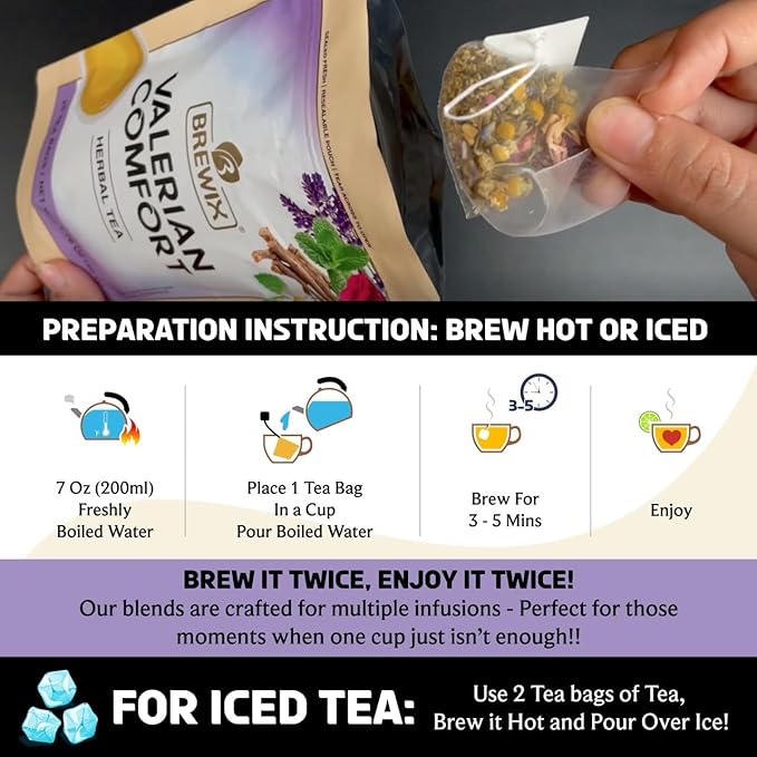 BREWIX, Valerian Comfort Tea for Sleep and Relaxation (25 Pyramid Bags) Caffeine-Free and Calming for Bedtime | Valerian Root, Chamomile & Lavender | Perfect Wellness Sleep - Bloomnest