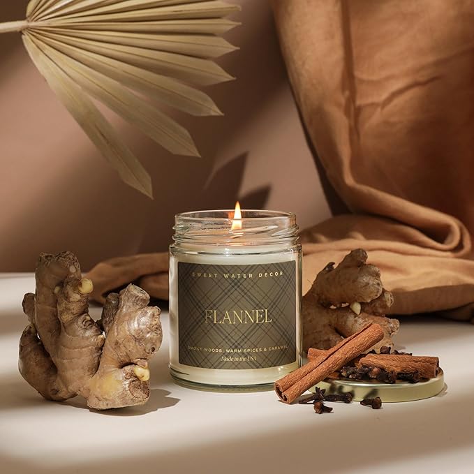 Sweet Water Decor Flannel Soy Candle - Vanilla, Caramel, Amber, Tonka, Smoky Woods, Musk Scented Soy Candles - Autumn Candle for Home - 9oz Clear Jar with Gold Foil Made in The USA - Bloomnest