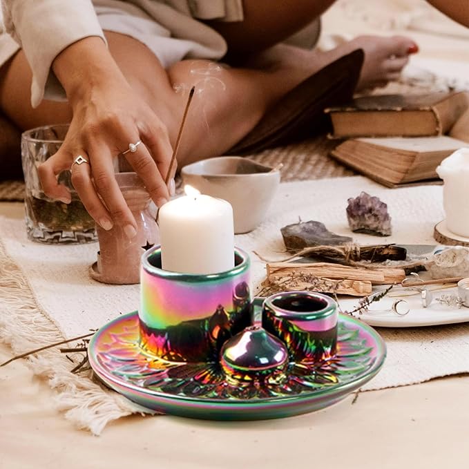 4 in 1 Ceramic Incense Holder, Palo Santo Stick Holder, Sage Holder for Burning, 5.2" Ash Catcher Tray for Meditation, Yoga & Home Decor (Colorful)