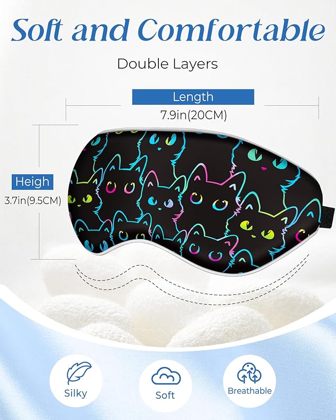 Sleep Mask for Kids - Cute Kawaii Cartoon Silk Sleeping Mask with Adjustable Strap Soft Smooth Light Eye Mask for Sleeping Silk Kids Eye Cover for Boys Girls Teens, Luminous Black Cats - Bloomnest