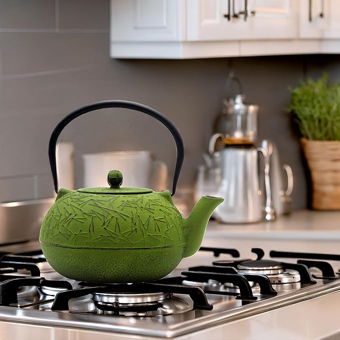 YJX 60.9oz Large Cast Iron Teapot, Big Tea Kettle for Stovetop Safe, Green Cast Iron Kettle Teapot with Stainless Steel Infuser for Loose Tea and Tea Bags(1800ml) - Bloomnest