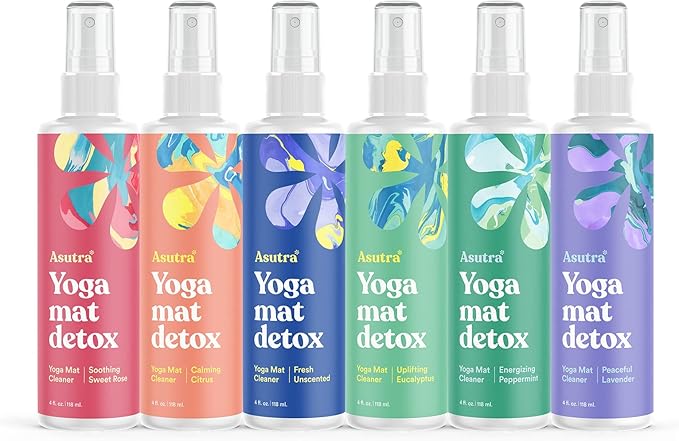 ASUTRA Yoga Mat Cleaner Spray Variety Pack (All Scents), 4 fl oz (Pack of 6) - No Slippery Residue, Organic Essential Oils, Deep-Cleansing for Fitness Gear & Gym Equipment, Microfiber Towels Included - Bloomnest