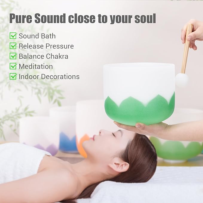 6-12 inch Lotus Design Colored Rim Chakra Tuned 432hz Set of 7 Quartz Crystal Singing Bowls with Heavy Duty Carrying Cases and Singing Bowl Mallet Suede Strikers