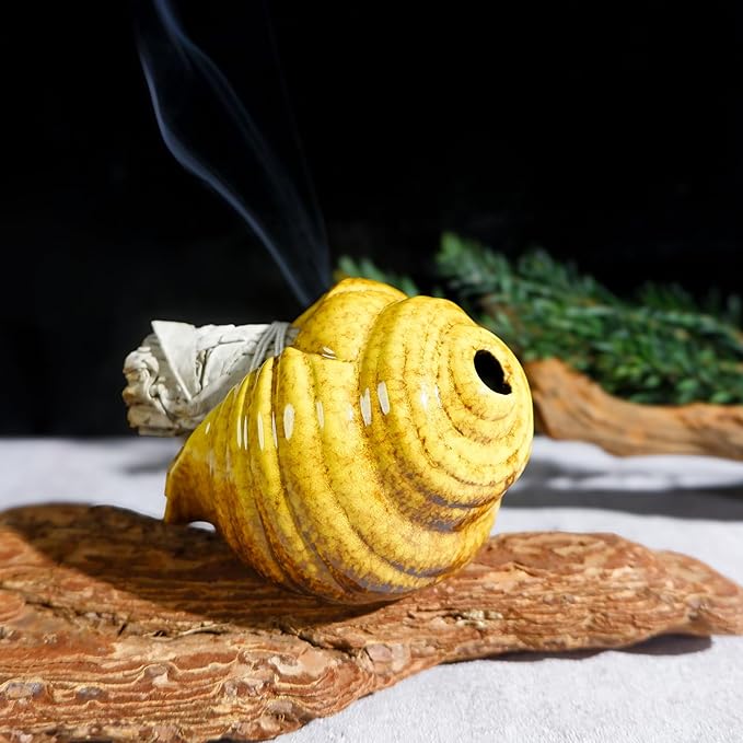 Yellow Ceramic Conch Palo Santo Holder - Mini Chimney Incense Burner, Tabletop Smudge Bowl Compatible with Sage/Sticks/Cones/Copal,for Yoga、Zen Meditation、Witchcraft, Ideal Altar Decor Gift - Bloomnest