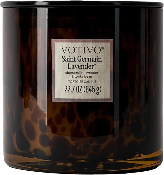 Votivo Saint Germain Lavender Tortoise Scented Candle | 22.7 oz Soy Wax Blend | Floral Scent | Decorative Home Decor Tortoiseshell Pattern | 100 Hour Burn Time - Bloomnest