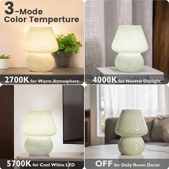 USB Plug-in Mushroom Lamp Small Bedside Table Lamp with 3 Temperature LED Bulb,Free Dimming Nights Light for Bedroom/Living Room/Entryway/Corner Decor (Stripe Green) - Bloomnest