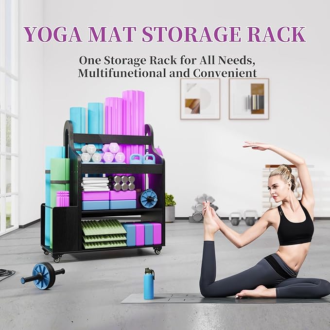 Weight Rack for Dumbbells, Home Gym Organizer Rack Yoga Mat Holder with Wheels and Hooks, All in One Workout Storage for Yoga Mat, Foam Roller, Gym Storage Storage for Home Exercise(Wood) - Bloomnest