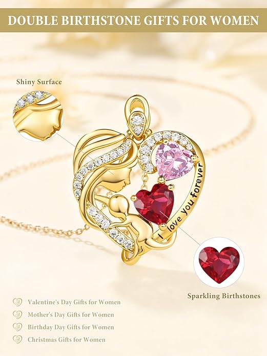 14K Gold Double Birthstone Heart Necklace for Women Mom, Mother Son/Daughter Pendant Necklace for Christmas Mother's Day Birthday Gifts for Wife Daughter Grandmom - Bloomnest