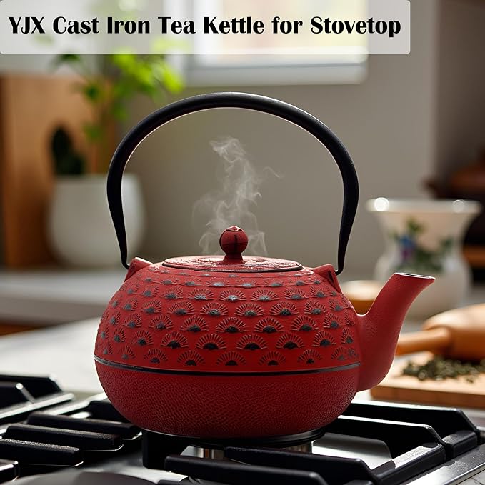YJX 60.9 fl oz Cast Iron Teapot, Large Tea Kettle for Stove Top, Red Tea Pot with Stainless Steel Infuser for Loose Tea, 1.8L Japanese Enameled Metal Teapot - Bloomnest