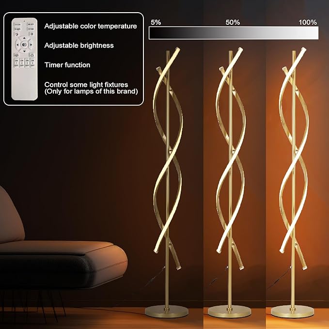 DNA 61" Tall Lamp with Dimmable Rmoete Control,Gold Spiral Beside Corner Modern Floor Lamp for Bedroom,3 Color Temperatures Lamp Standing Lamp for Living Room,Dining Room(Gold) - Bloomnest