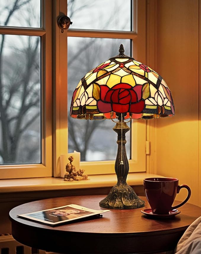 Tiffany Table Lamp, 12-inch Stained Glass Lamp for Living Room, Dining Room, Bedroom, Study Room, Office (Red Rose) - Bloomnest