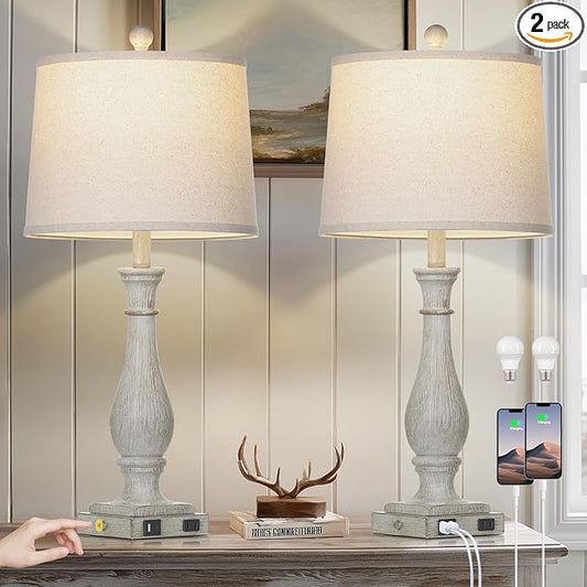 27.5" Grey Farmhouse Lamps Set of 2, Vintage Living Room Table Lamps with USB C+A Ports & AC Outlet, 3-Way Touch Control Bedside Lamp, Rustic Resin Bedroom Lamp for Nightstand Side Table Desk - Bloomnest