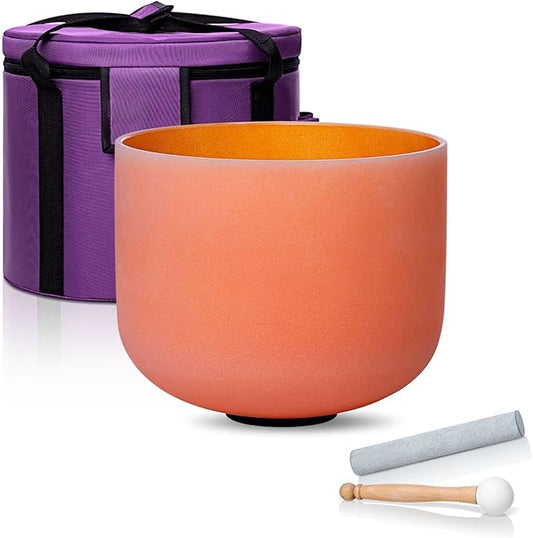 8 Inch Orange D Note 432hz Sacral Chakra Crystal Singing Bowl Healing with Carrying Case and Rubber Mallet Suede Strikers Oring - Bloomnest