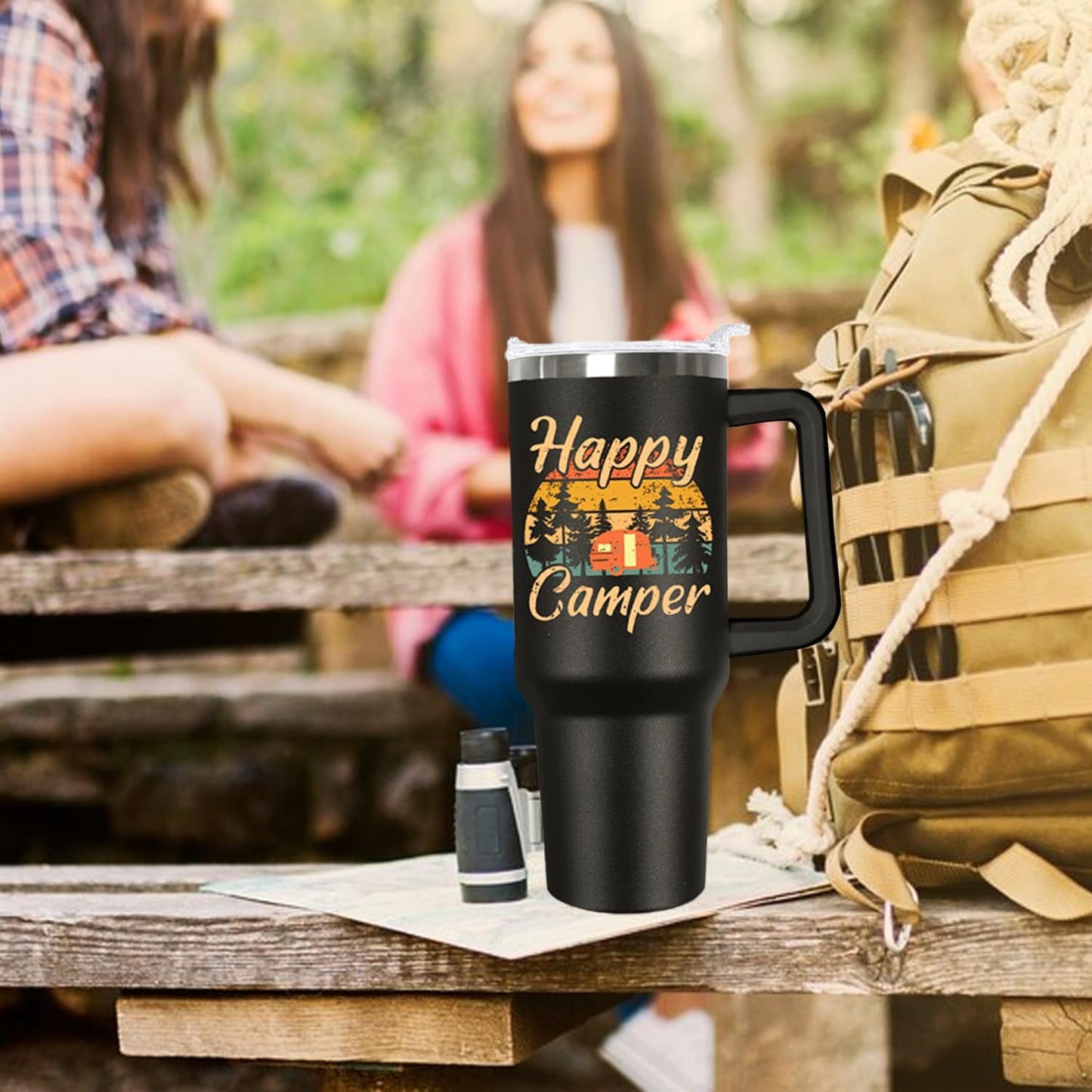 Ceovfoi Camper Tumbler with Handle,40 oz Camping Tumbler with Handle Lid and Straw,Camping Coffee Mug Cup Vacuum Insulated Travel Tumbler with Handle Lid and Straw,Rv Camping Essentials Accessories