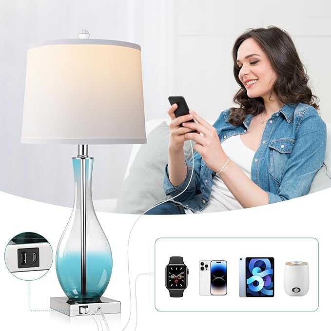 WIHTU Table Lamps Set of 2 with Touch Control, 27" Bedside Desk Lamps for Nightstand Decorations, 3-Way Dimmable Modern Glass Table lamp with USB C and A Charging Ports, Blue (LED Bulbs Included) - Bloomnest