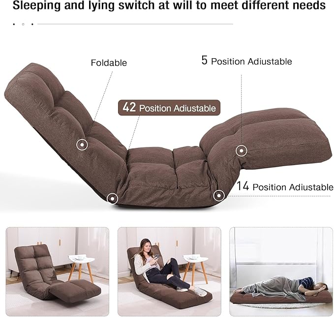 Floor Chair with Footrest Adjustable Backrest with 14 Positions Footrest 5-Position Adjustment Foldable Floor Gaming Chair for Easy Storage Linen Fabirc Chaise Lounge 086 (Brown)