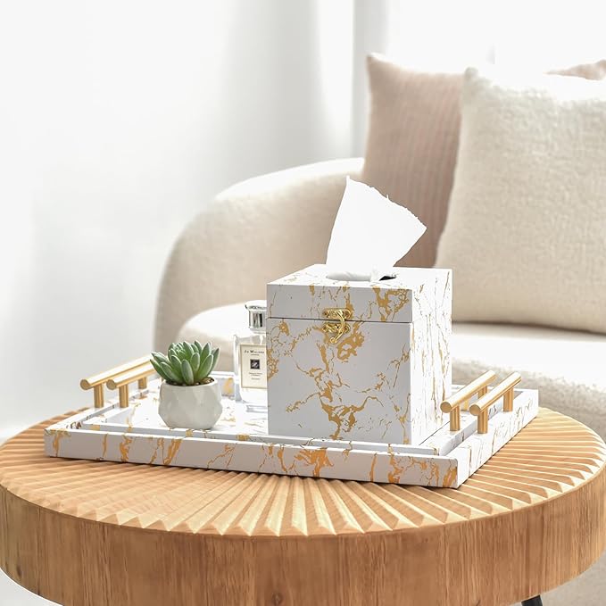 Modern Decorative Tray Set of 2 - White and Gold Marble Wood Serving Tray with Gold Polished Metal Handles for Ottoman, Coffee Table, Bathroom and More - Bloomnest
