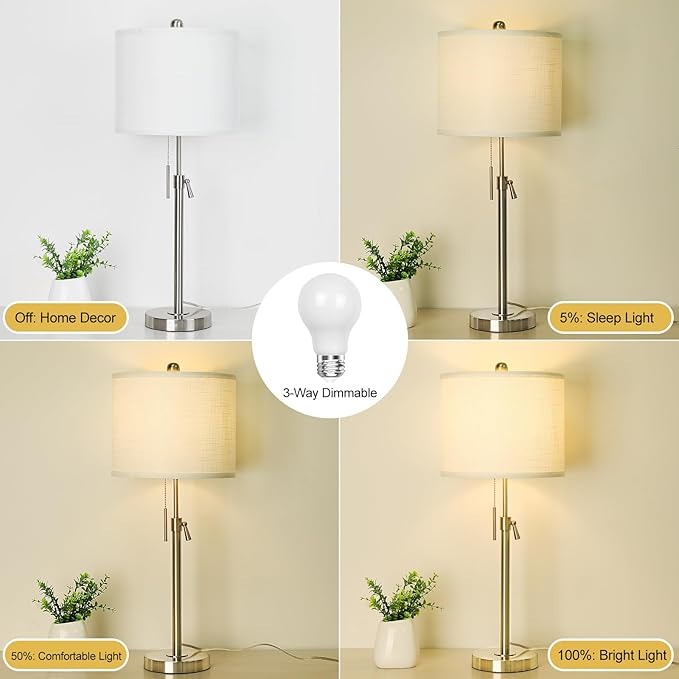 Brushed Nickel Table Lamps Set of 2: 22" to 30" Height Adjustable Nightstand Lamps with White Linen Shade | Pull Chain Switch | Silver Pole Beside Lamp for Living Room Bedroom - Bloomnest