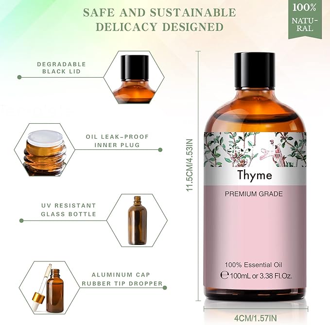 Thyme 3.38fl.oz Essential Oil, PHATOIL Aromatherapy Essential Oils for Diffuser, Humidifier, Perfect for DIY Soap, Candle, Bath Bombs Making(100ml) PHATOIL