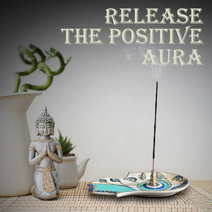 Ceramic Hamsa Hand Incense Holder - 2 in 1 Brass Incense Holder for Sticks and Coil Incense- Zen Decor with Hand of Fatima Design Protection from Evil - 6.2" L X 4.5" W (Blue) - Bloomnest